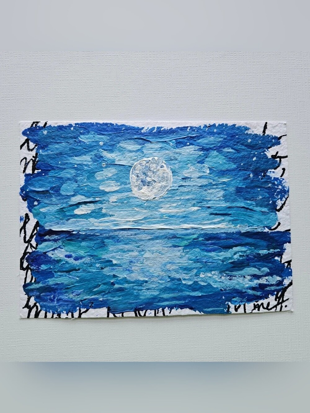 5x7 colorful abstract painting ocean moon night Annabel Lee poetry Valentine's
